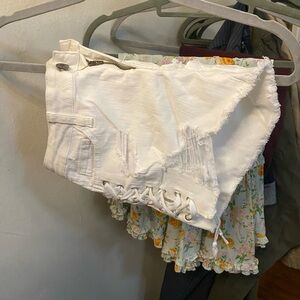Aphrodite White Jean Shorts with Distressed Hem and Lace Detail